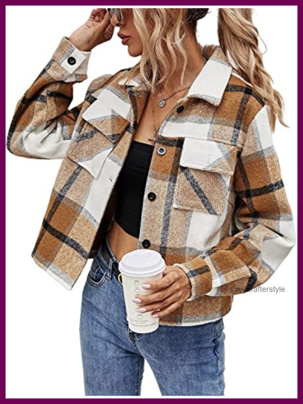Cropped Plaid Shacket Flannel Button Down Jacket Long Sleeve